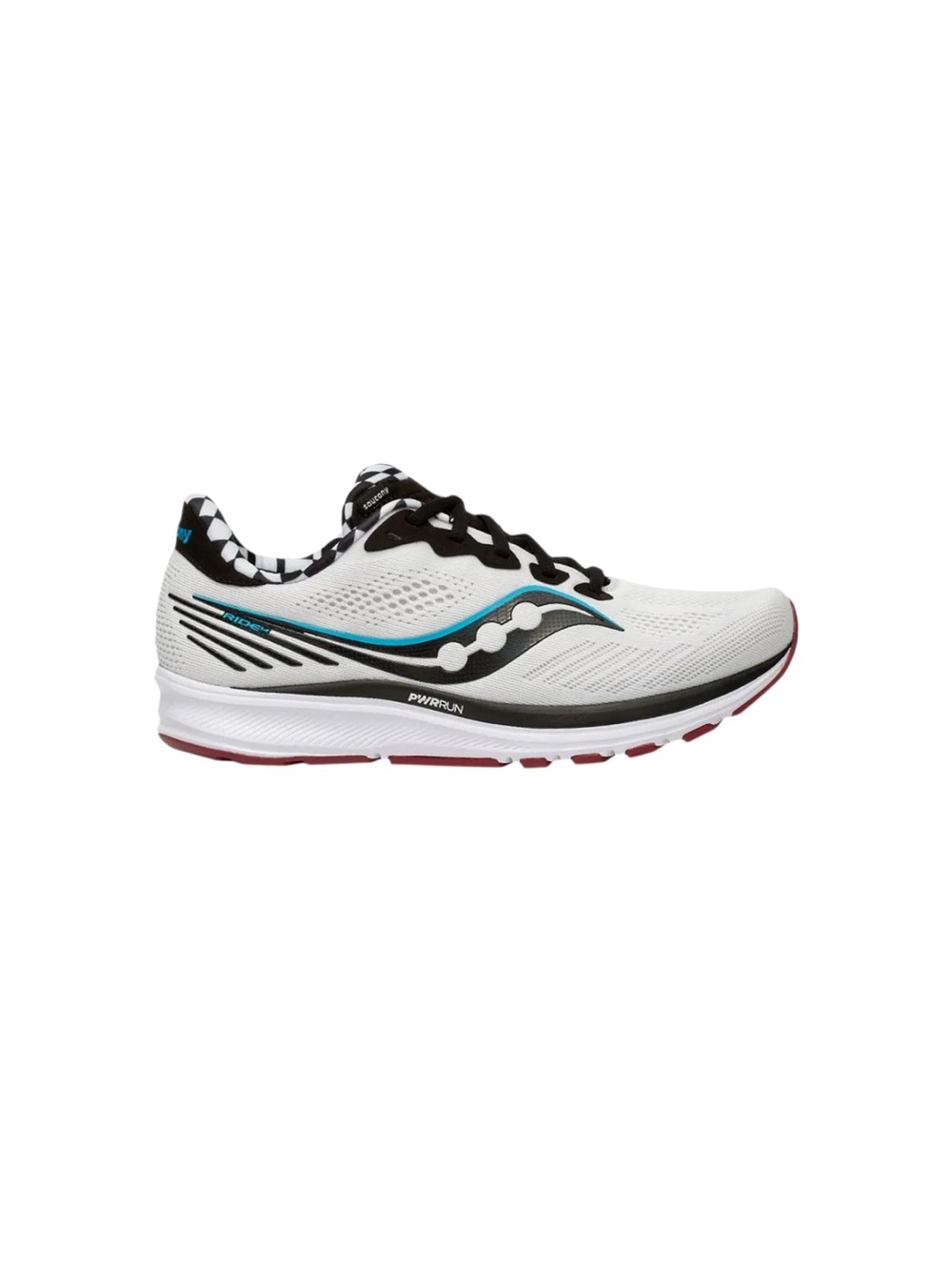 Saucony Men’s Ride 14 Reverie white mesh shoe featuring a black checkerboard